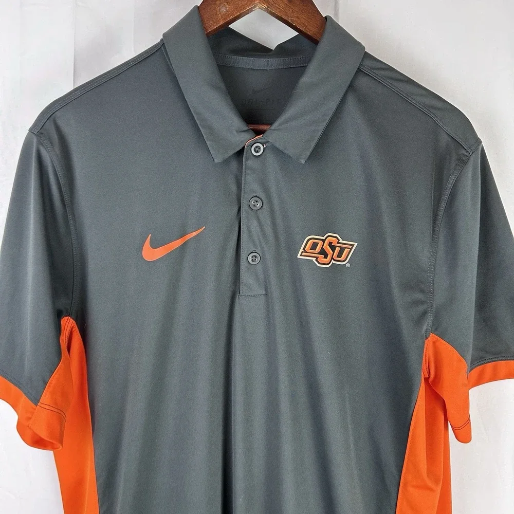 Oklahoma‎ State Cowboys Nike Dri-Fit Polo Gray Orange Mens Large Logo OSU